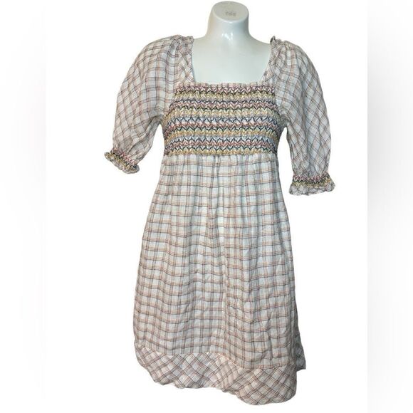 Faherty 100% Linen Lola Windowpane Smocked Puff Sleeve Mini Dress - Picture 3 of 9
